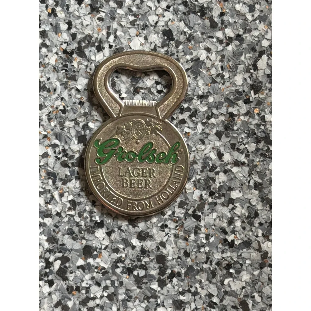 Vintage Grolsch Lager Beer Bottle Opener Holland Silver Green Metal Bar Tool